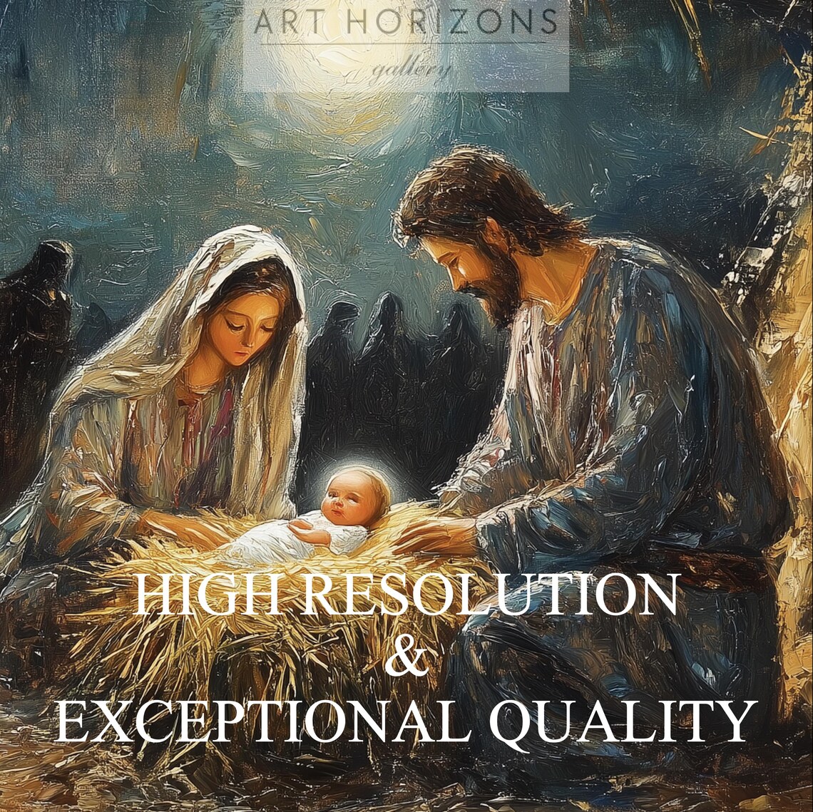 Nativity Scene Mary Joseph Baby Jesus Manger Moonlight Painting Print - Image 3