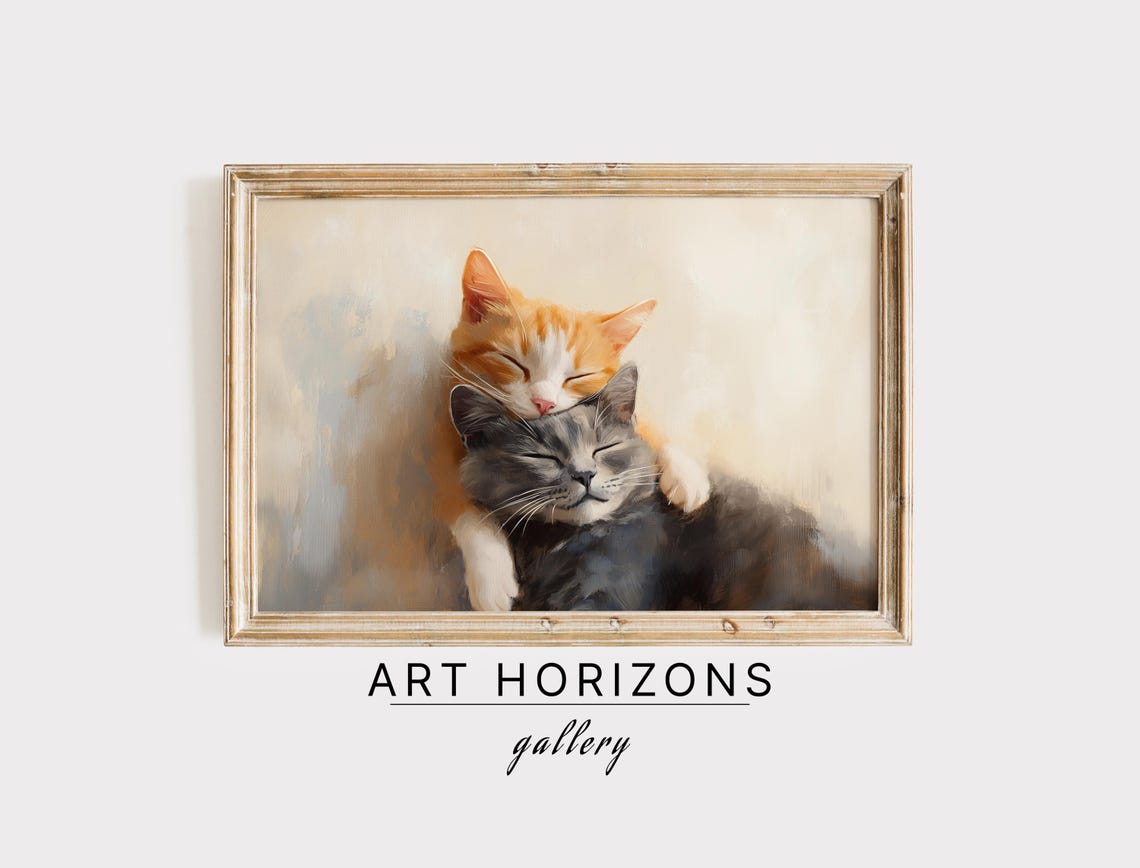 Orange Tabby Grey Cat Cuddling Hug Sweet Pet Painting Valentine Poster