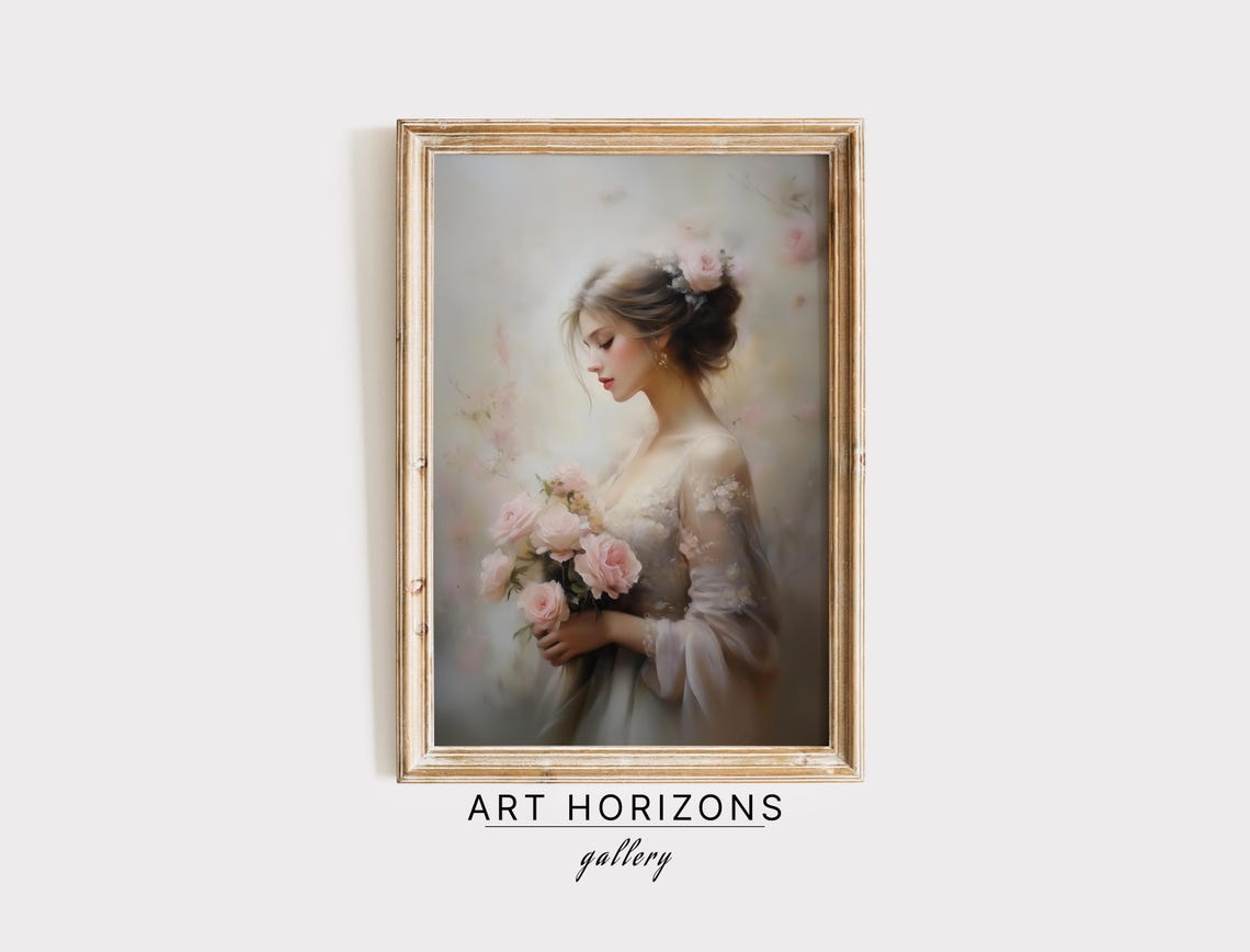 Romantic Woman Holding Pink Roses Soft Portrait In Blush Tones Poster