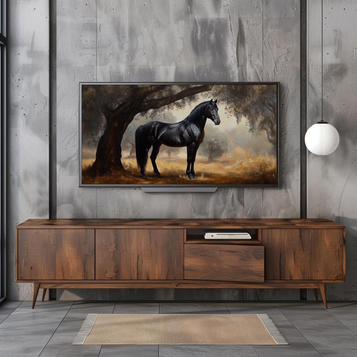 Black Horse Standing Under Trees In Golden Mist Oil Painting Poster - Image 2