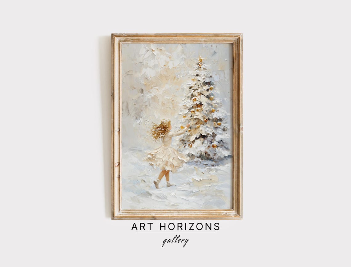 Girl Decorating Christmas Tree Wall Art Print Vintage Christmas Decor Christmas Oil Painting Art Holiday Season Wall Art A57