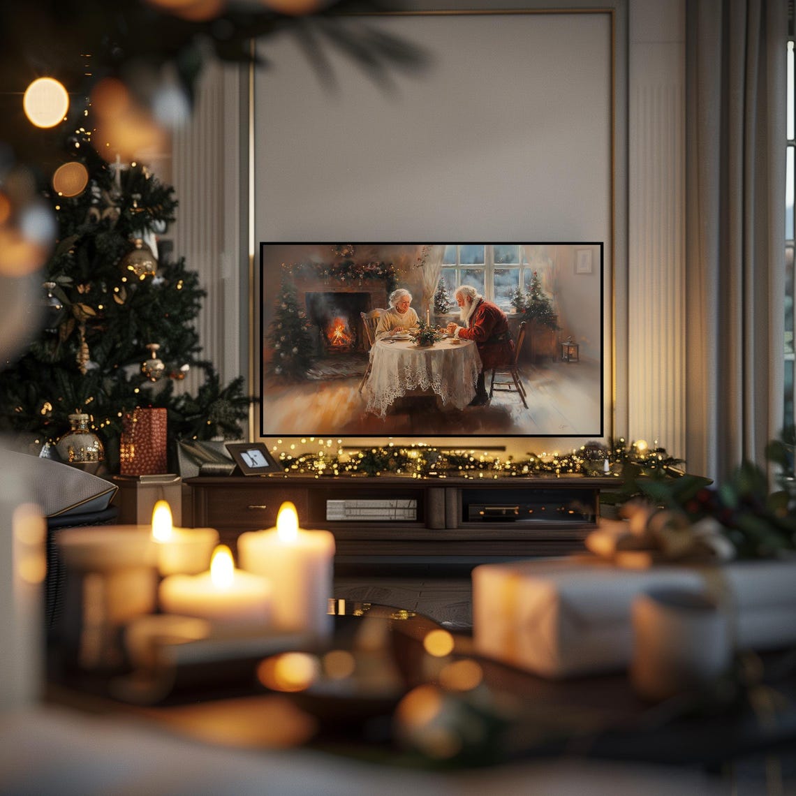 Mr Mrs Claus Tea Fireplace Christmas Tree Vintage Holiday Wall Art - Image 2