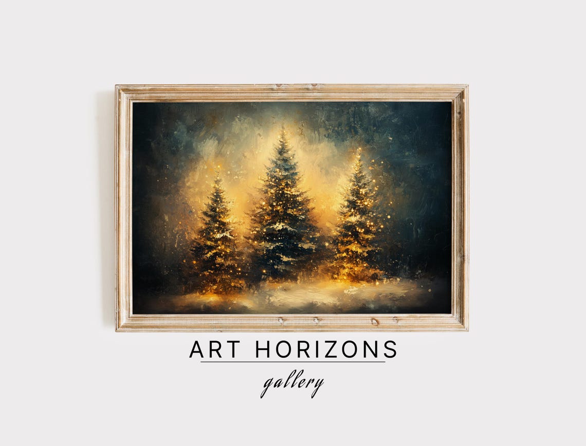 Three Glowing Christmas Trees Against Dark Blue Night Sky Art Print