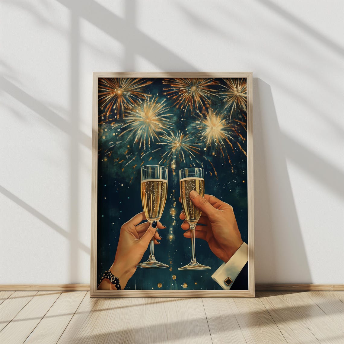 New Year Champagne Toast Fireworks Night Retro Celebration Print - Image 2