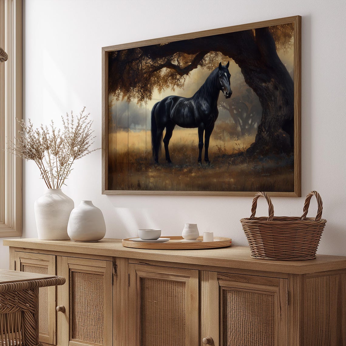 Black Horse Under Grand Oak Tree Golden Field Moody Vintage Art Poster - Image 4