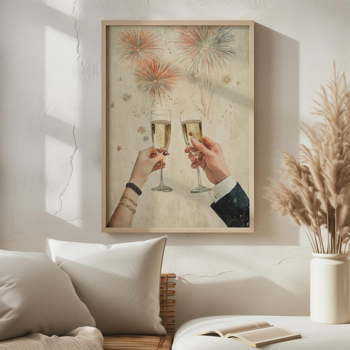 Champagne Toast Hands Fireworks Vintage Paper New Year Art Print - Image 4
