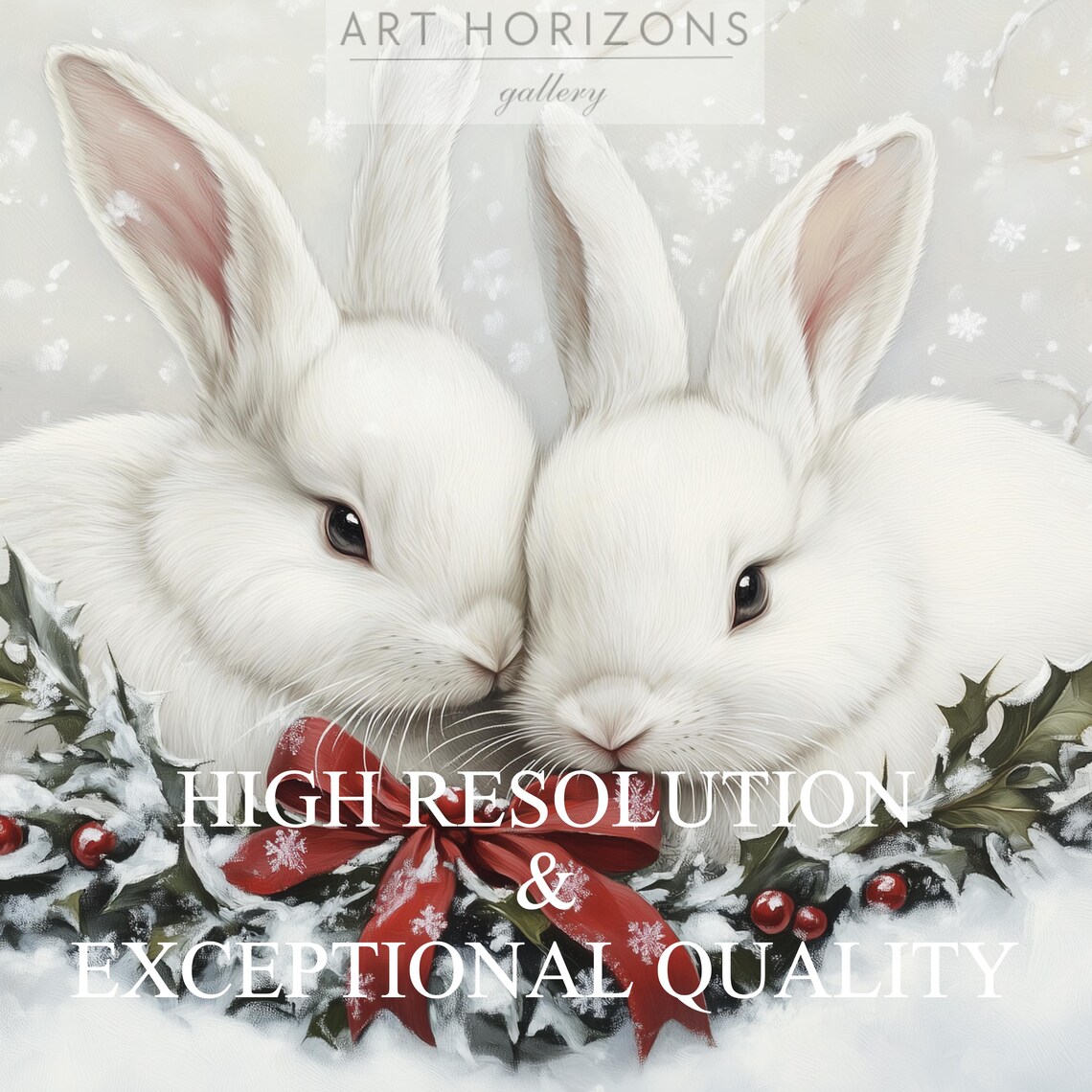 White Rabbits Holly Red Bow Snowy Christmas Bunny Pair Poster - Image 3