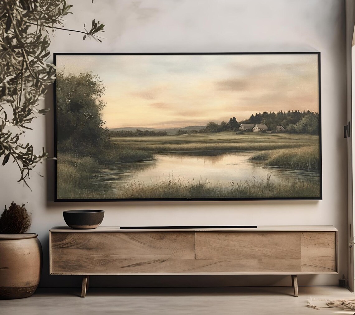 Antique Countryside Landscape Frame Tv Art Village Oil Painting Vintage Home Decor Rustic Lake Wildflowers Tv128 - Image 5