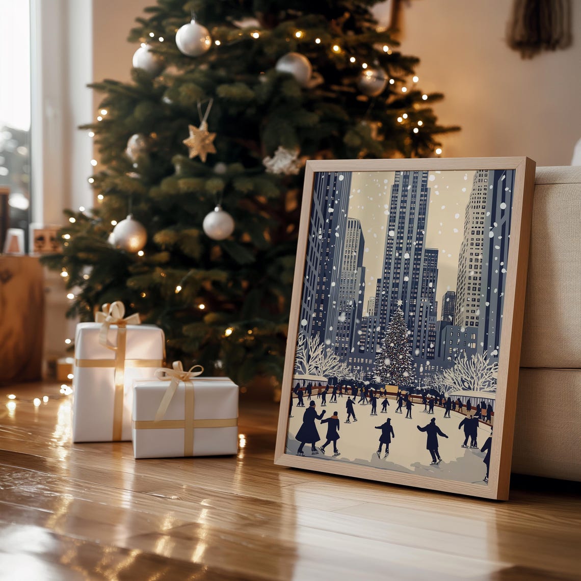 New York Ice Skating Rink Christmas Tree Retro Skyline Wall Art Print - Image 4