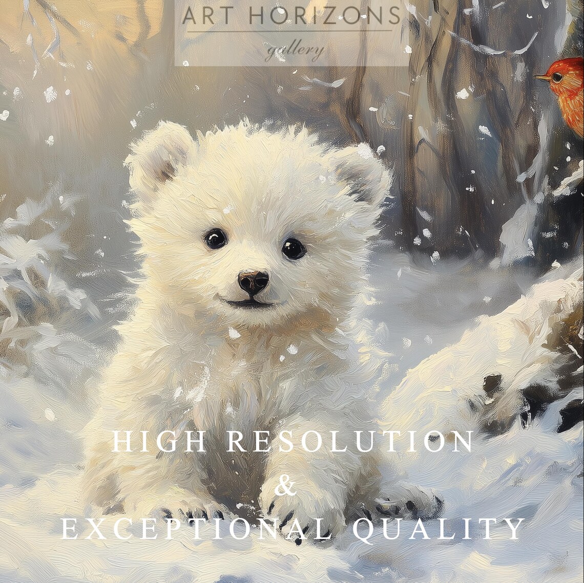 Polar Bear Cub Red Cardinal Snowy Forest Cute Vintage Wildlife Poster - Image 2
