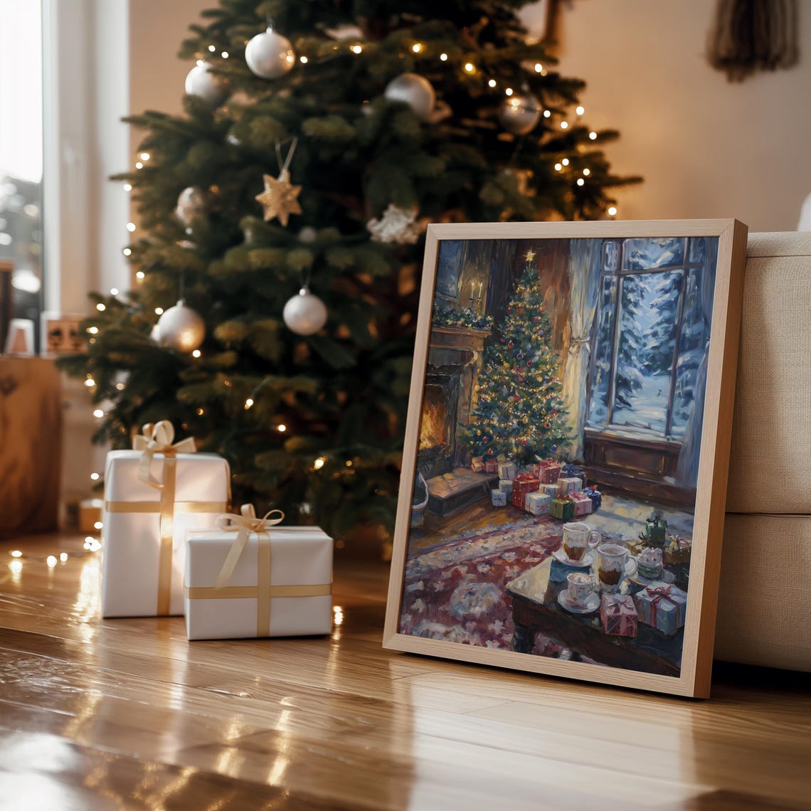 Cozy Living Room Fireplace Christmas Tree Gifts Hot Cocoa Art Print - Image 3