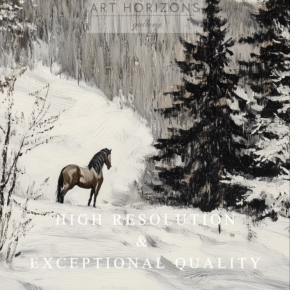 Lone Horse In Snowy Pine Forest Black And White Winter Art Poster - Image 3