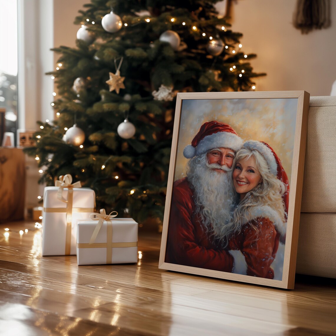 Mr And Mrs Claus Cozy Portrait Vintage Christmas Oil Painting Print - Image 4