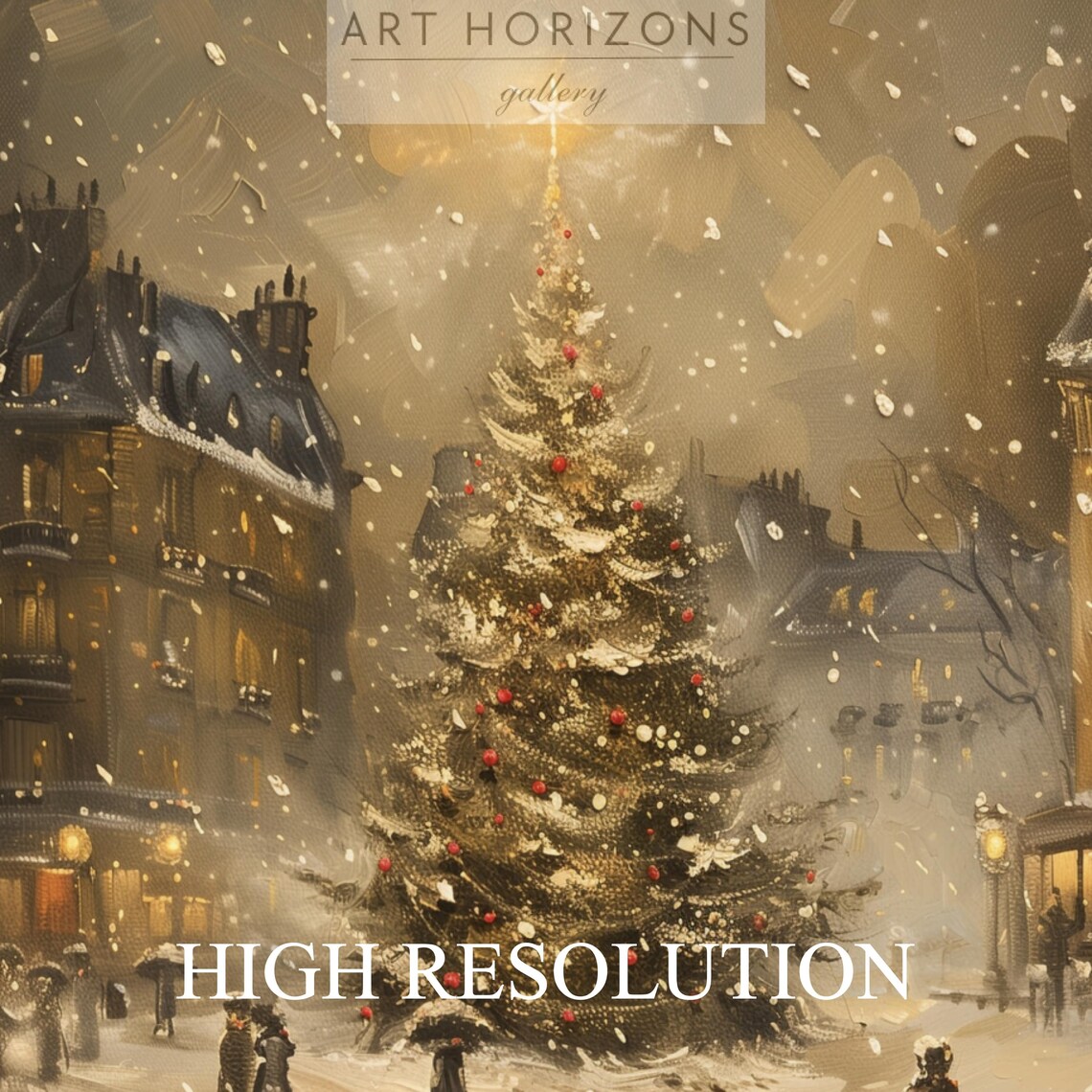 Vintage European Town Square Christmas Tree Snowfall Night Poster - Image 4