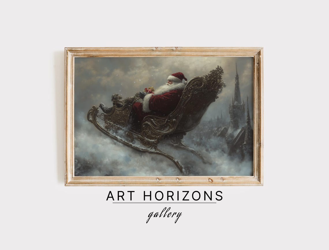 Christmas Vintage Santa Wall Art Winter Oil Painting Santa Claus Art Farmhouse Christmas Print Sleigh Art Art A92