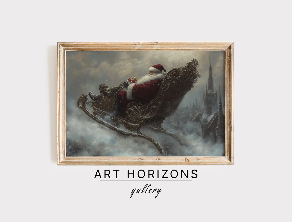 Santa Claus in Sleigh Flying Over Snowy Town Christmas Art Print