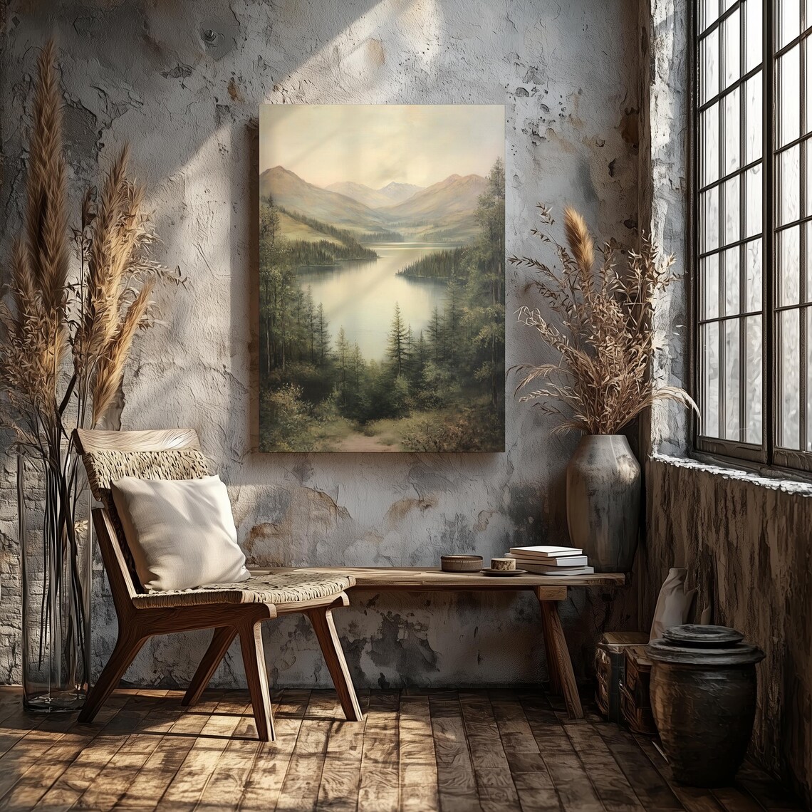 Serene Mountain Lake Pine Forest Misty Peaks Vintage Landscape Wall Art - Image 3