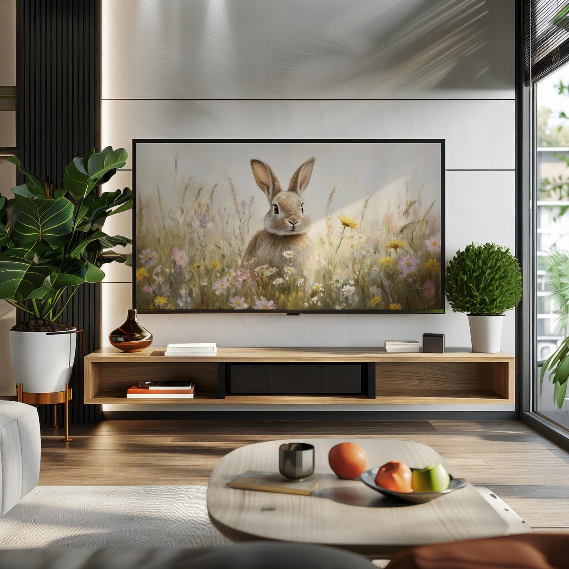 Spring Wildflower Field Bunny Easter Nursery Oil Painting Poster - Image 2