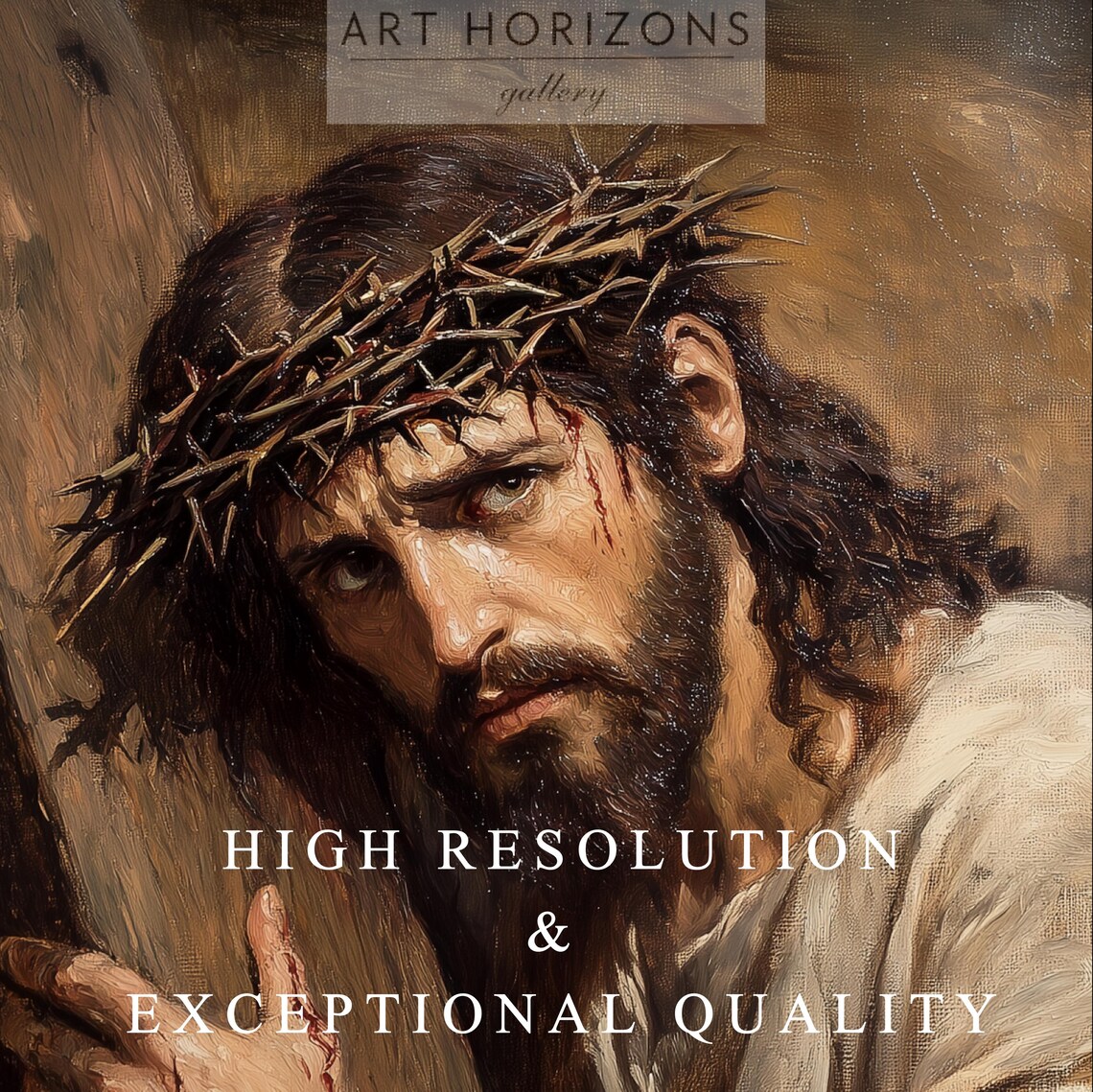 Jesus Carrying The Cross Crown Of Thorns Dramatic Biblical Oil Painting Poster - Image 3