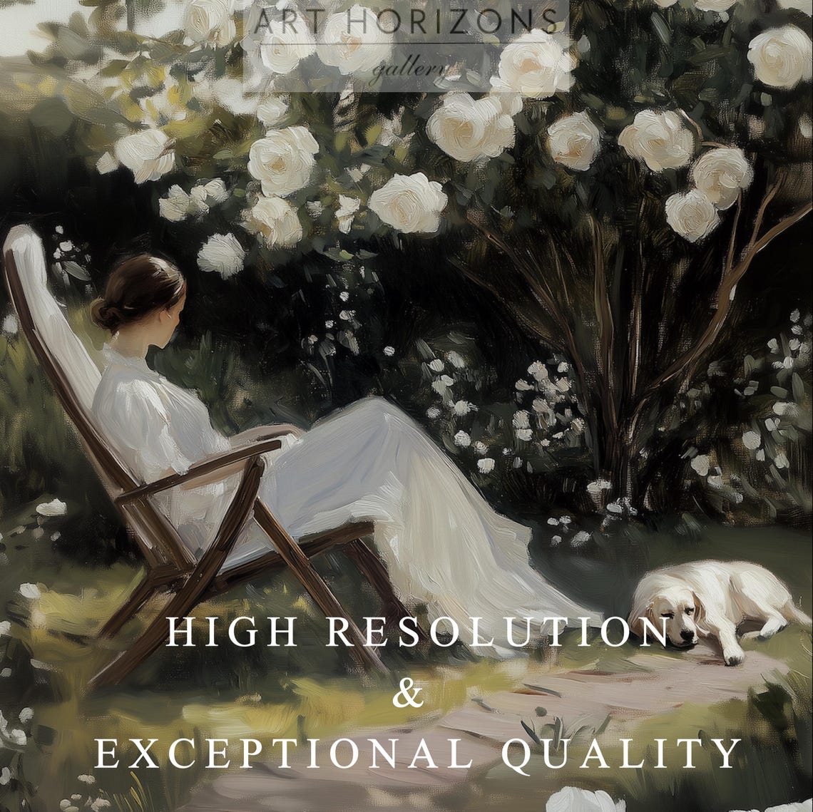 Vintage White Roses Garden Oil Painting Wall Art Woman Reading In Summer Rose Garden French Country Decor Home Art A290 - Image 2