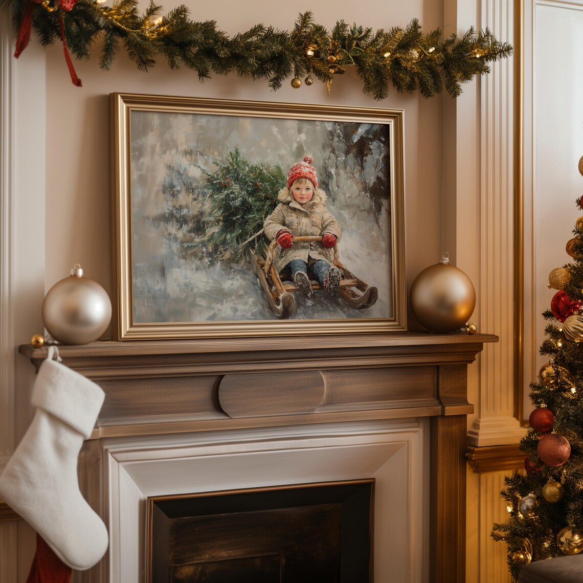Vintage Girl On Wooden Sled Christmas Tree Snowy Winter Print - Image 3