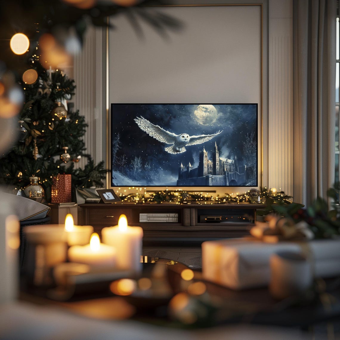 White Owl Flying Moonlit Castle Night Sky Magical Frame TV Art Print - Image 4