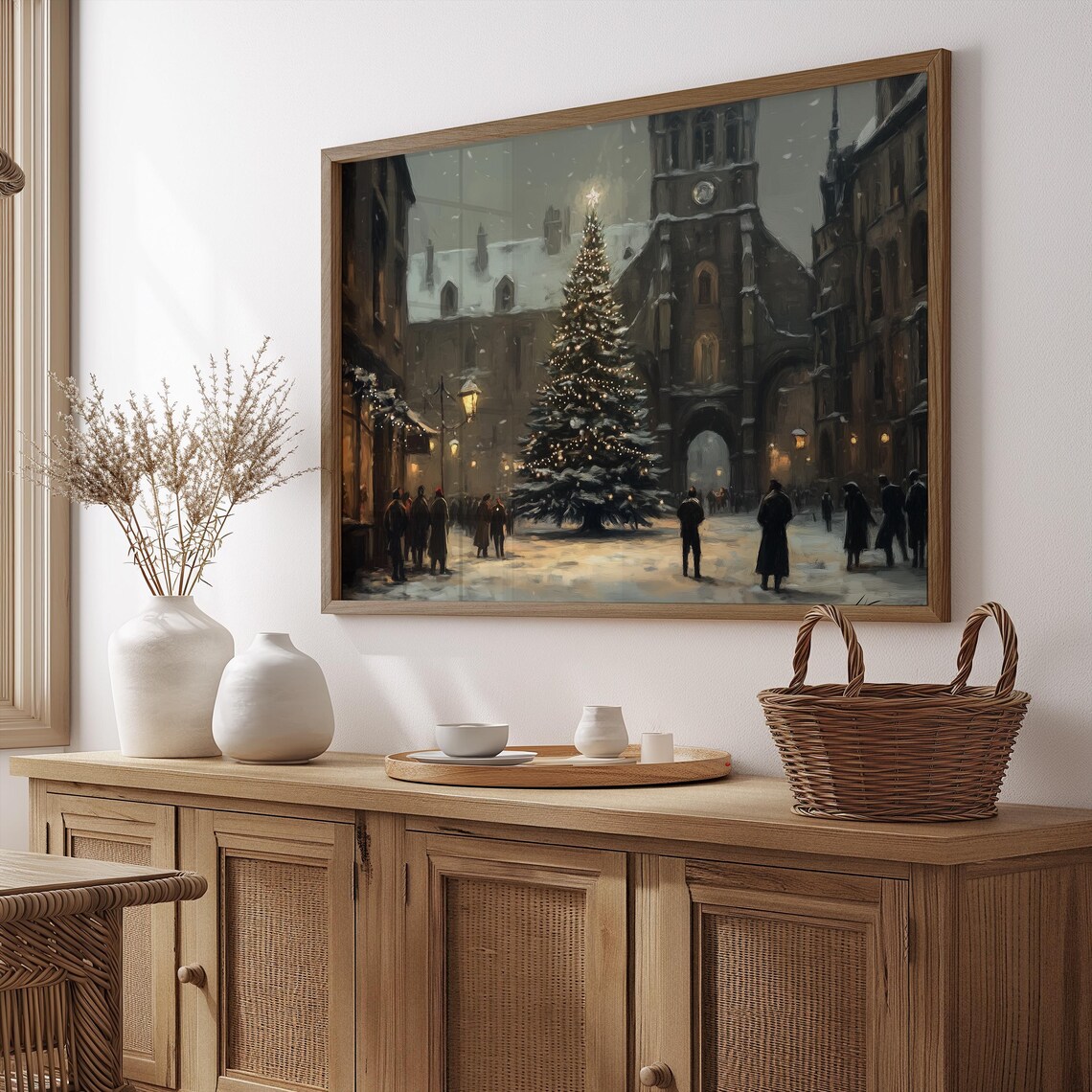 Vintage Christmas Town Square Lit Tree Church Moody Winter Print - Image 4