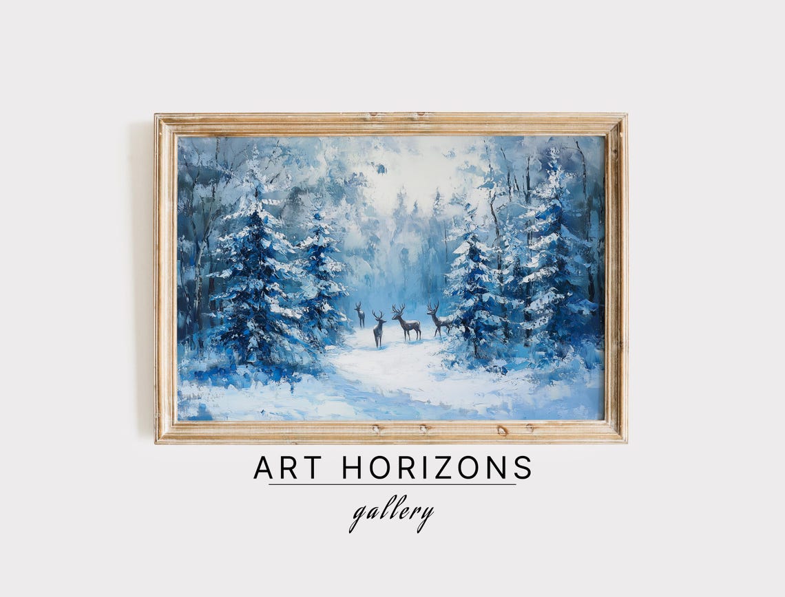 Deer Herd Snowy Blue Pine Forest Winter Impressionist Wall Art Print