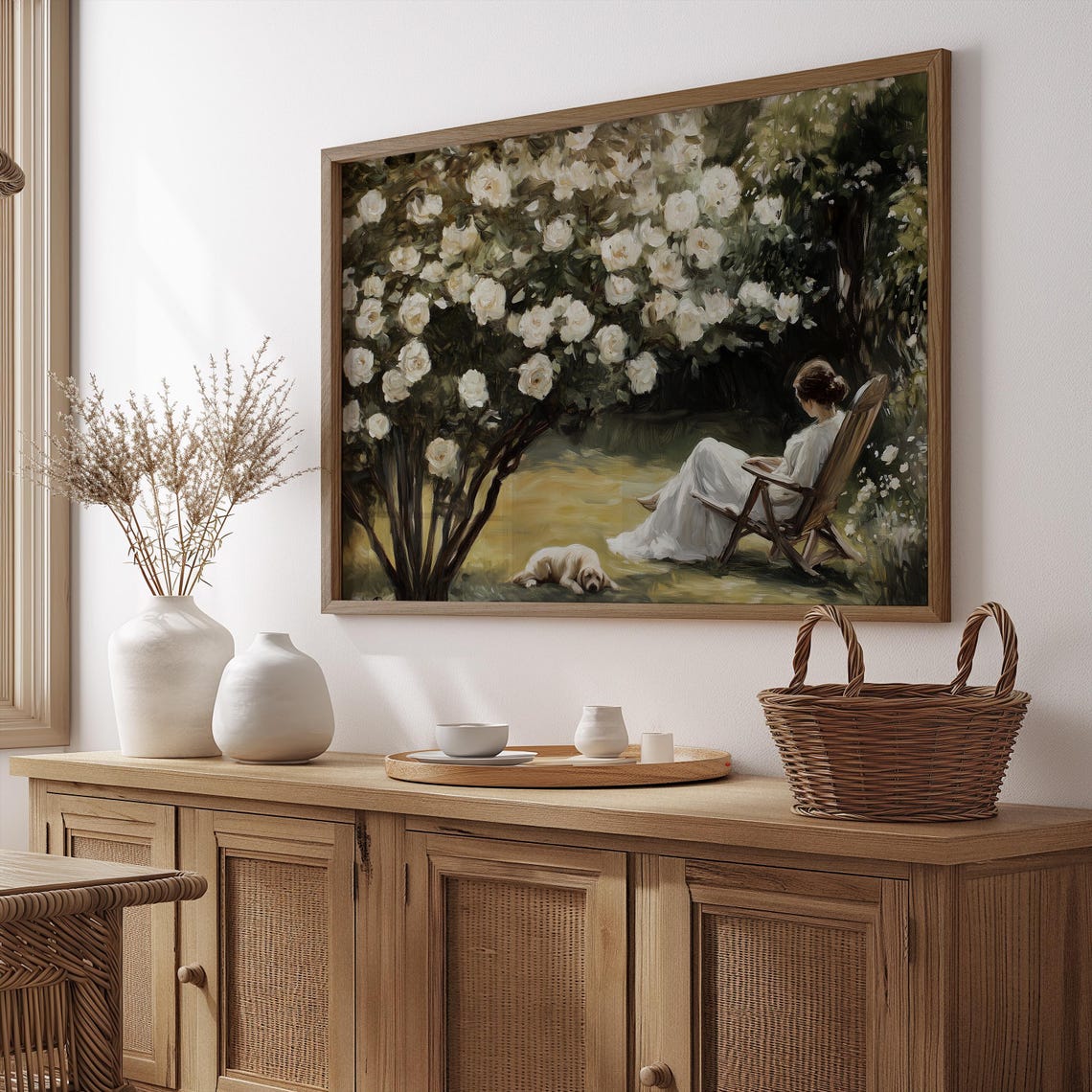 Vintage White Roses Garden Wall Art Print Woman Reading Summer Rose Garden Artwork French Country Farmhouse Home Decor A292 - Image 2