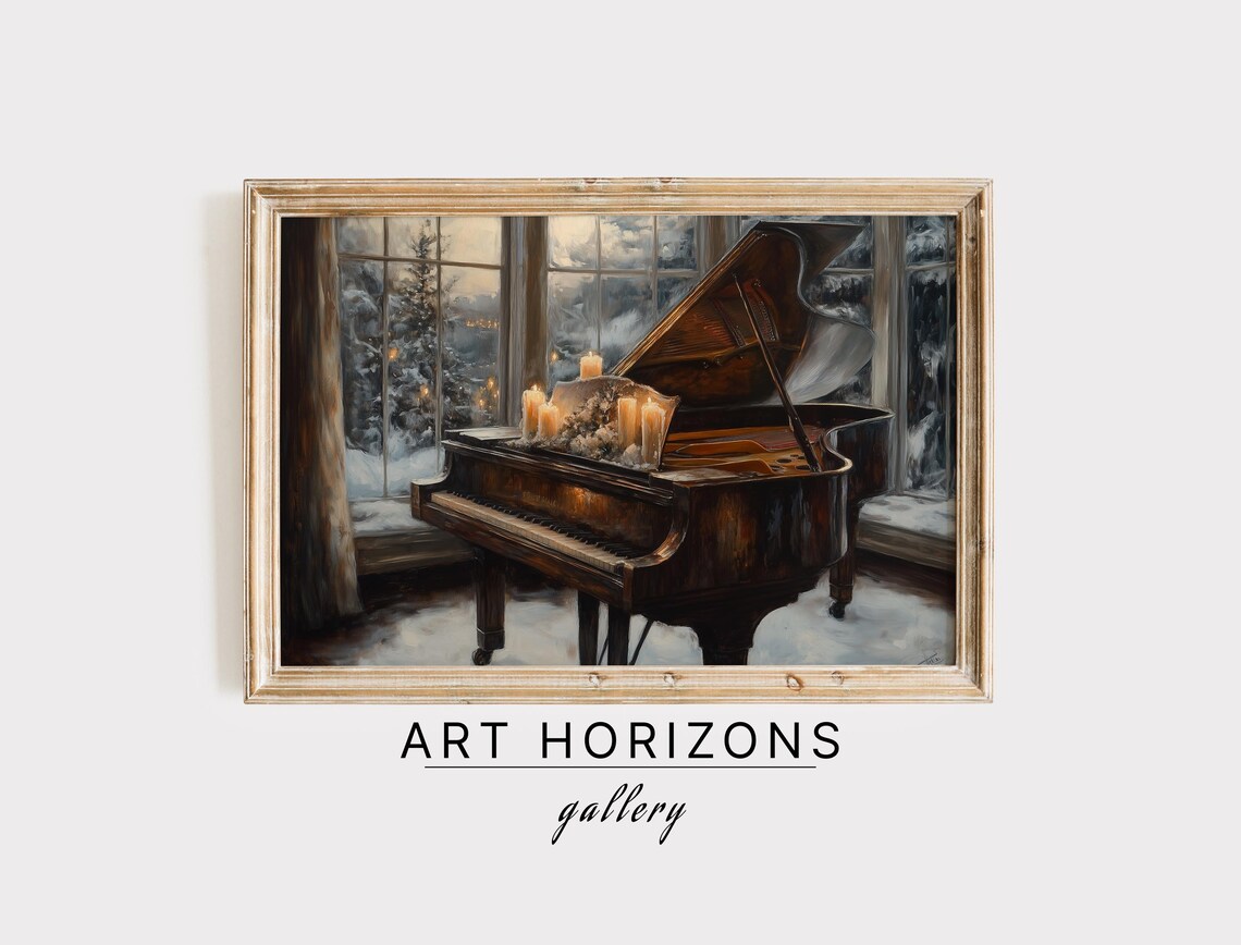 Grand Piano Candles Snowy Window Antique Vintage Music Wall Art Print