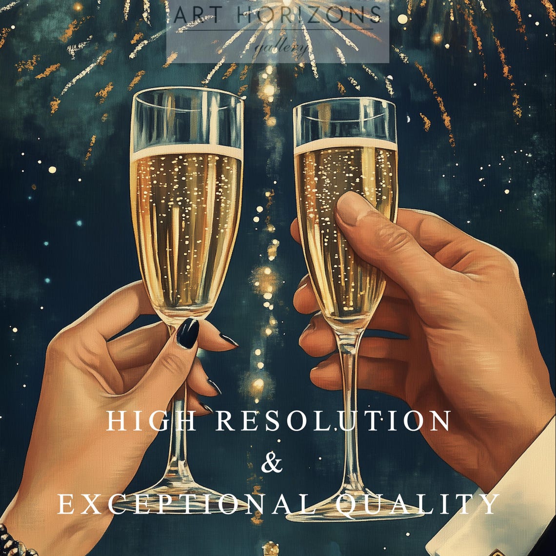 New Year Champagne Toast Fireworks Night Retro Celebration Print - Image 3