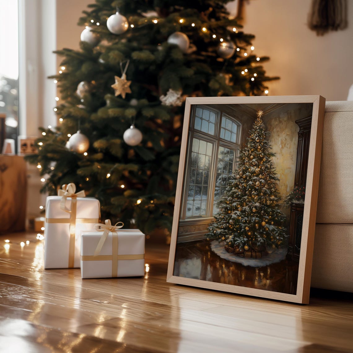 Elegant Christmas Tree Tall Windows Gold Ornaments Interior Print - Image 4