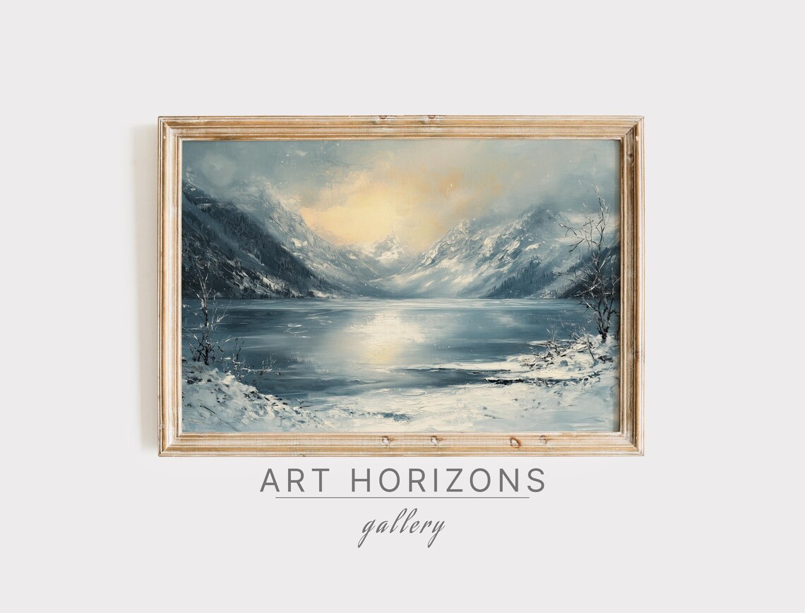 Snowy Mountain Lake Golden Sunset Winter Landscape Oil Painting Poster