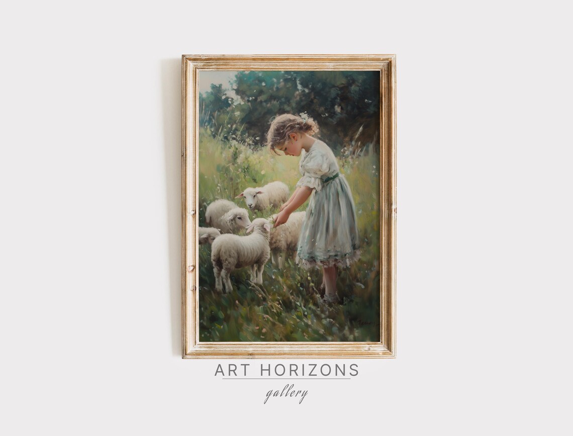 Vintage Little Girl Sheep Lamb, Moody Farmhouse Art Print