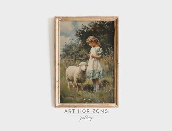 Vintage Oil Painting Little Girl With Sheep Lamb Antique Moody Farmhouse Wall Art Cottagecore Light Academia Spring Easter Decor A403