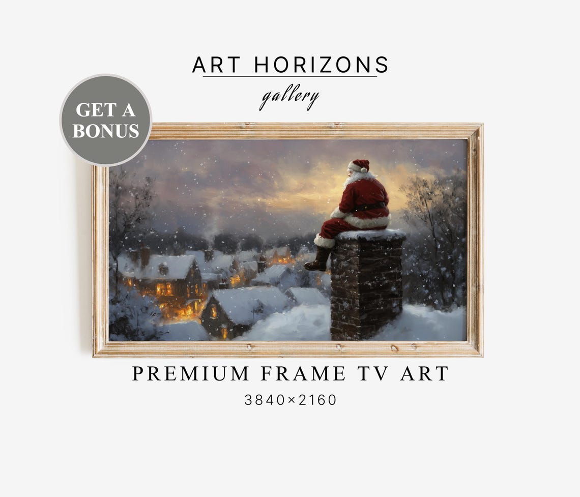 Santa Christmas Vintage Frame Tv Art Santa Sitting Art For Tv Farmhouse Roof Painting Christmas Decor Tv18