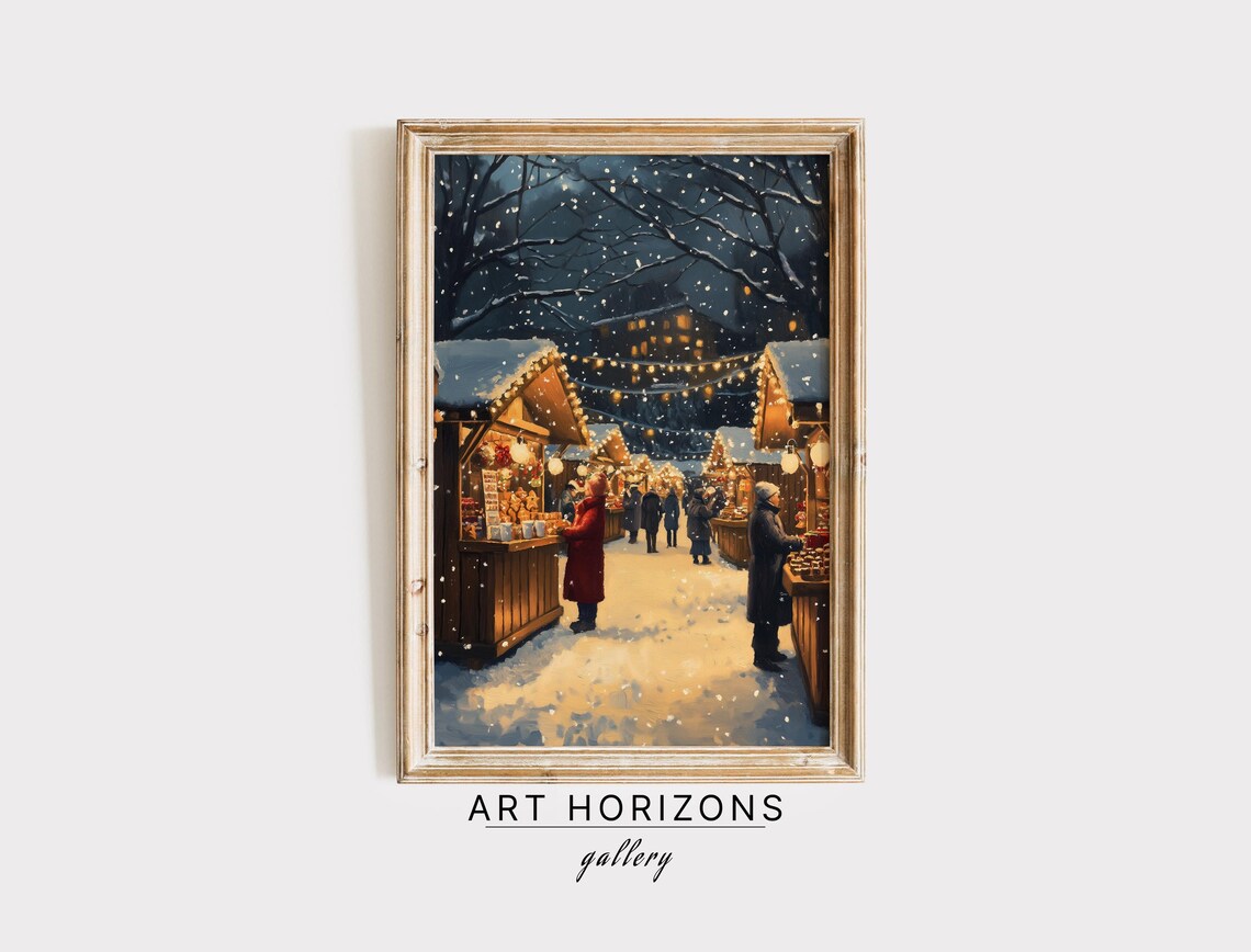 Snowy Christmas Market Stalls at Night Warm Lights Travel Poster