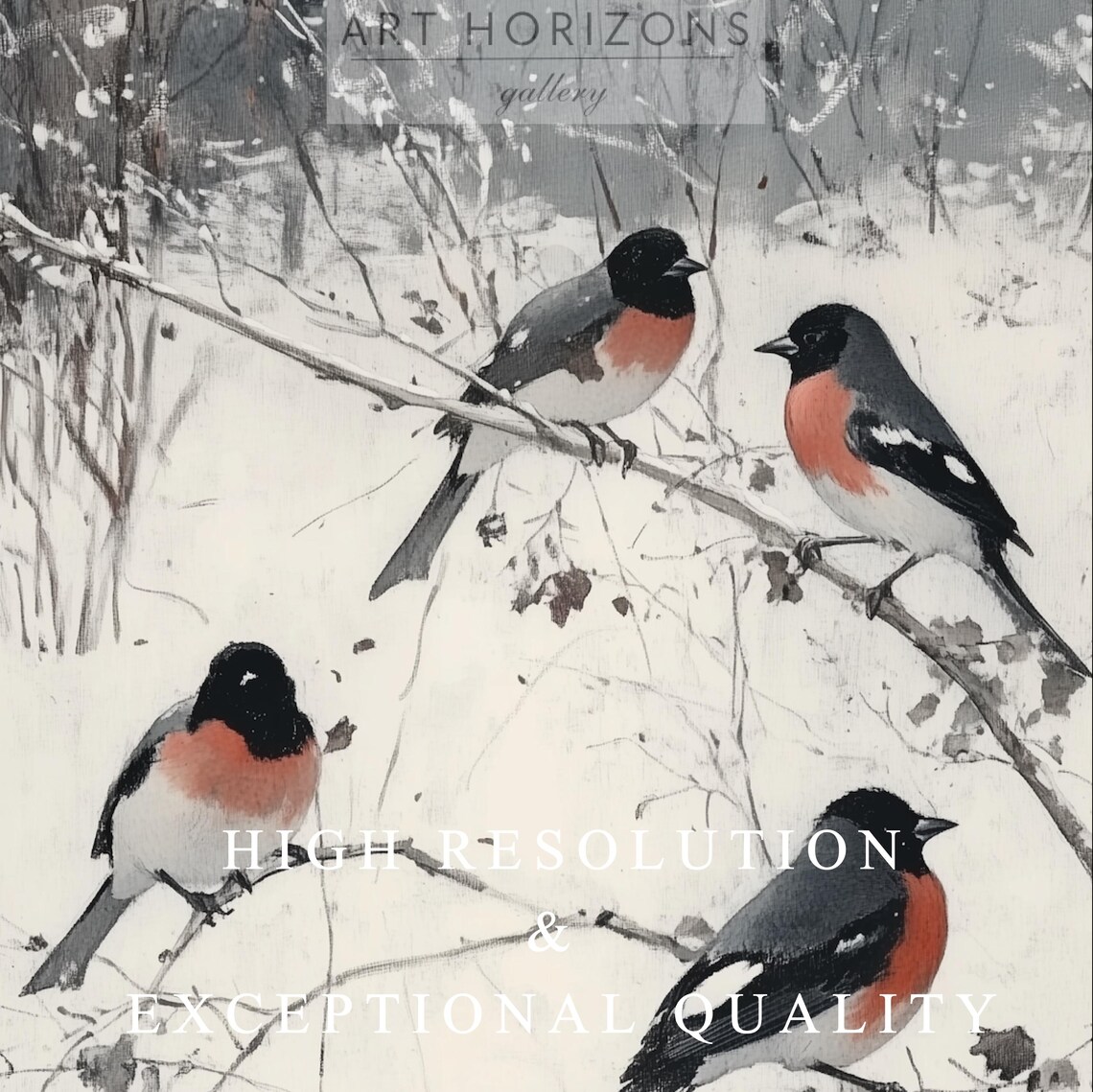 Four Bullfinches On Snowy Branches Winter Bird Oil Painting Poster - Image 3