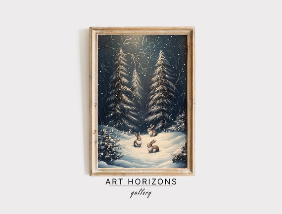 Christmas Winter Forest Wall Art Print Forest Rabbit Winter Art Moody Christmas Scene Vintage Style Oil Painting Wall Art A180