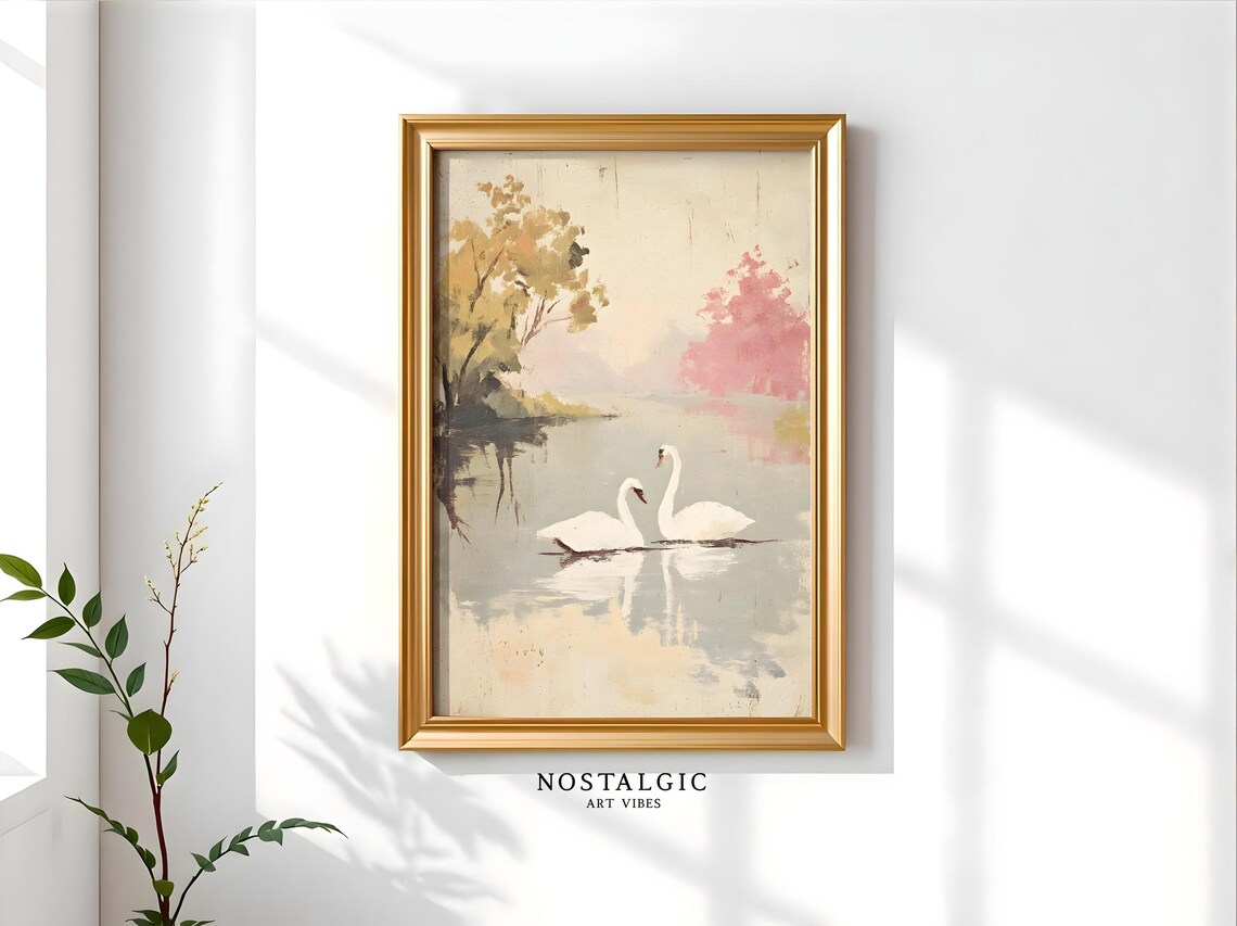 Swans Lake Painting, Impressionist Landscape