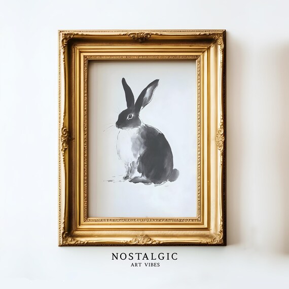 Minimalist Black and White Rabbit Sumi E Ink Painting Poster