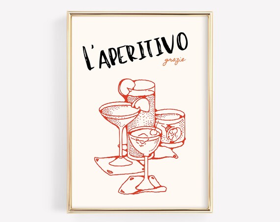 L Aperitivo Grazie Italian Cocktail Glasses Red Line Bar Art Poster