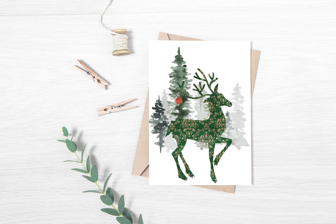 Emerald Green Damask Deer With Winter Pine Forest Holiday Poster - Image 2