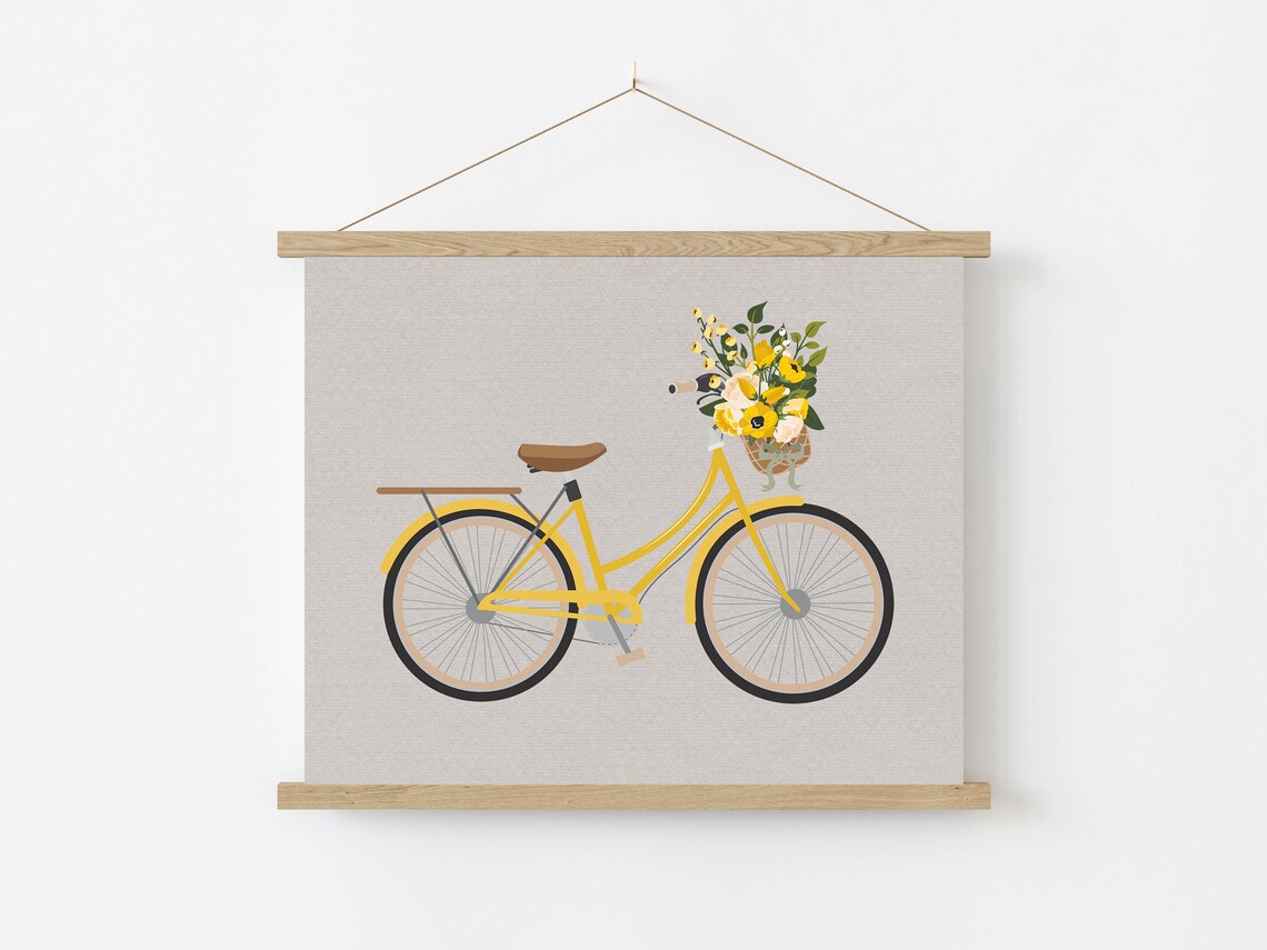 Yellow Vintage Bicycle With Flower Basket Minimalist Retro Bike Poster - Image 3