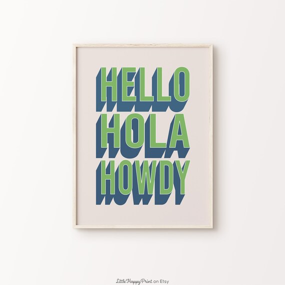 Hello Hola Howdy Green Blue Retro 3D Block Letter Typography Poster