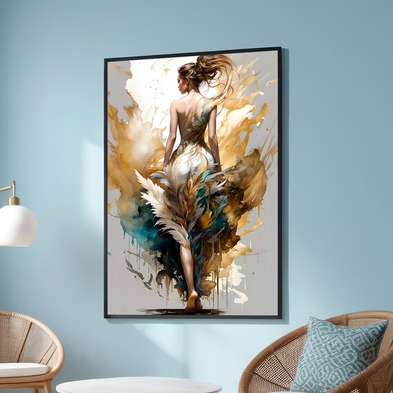 Elegant Woman in Feather Gown Gold Watercolor Splash Art Poster