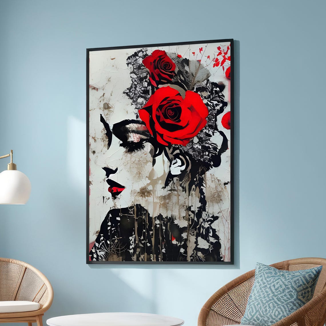Abstract Female Portrait With Red Roses Expressionist Art Poster