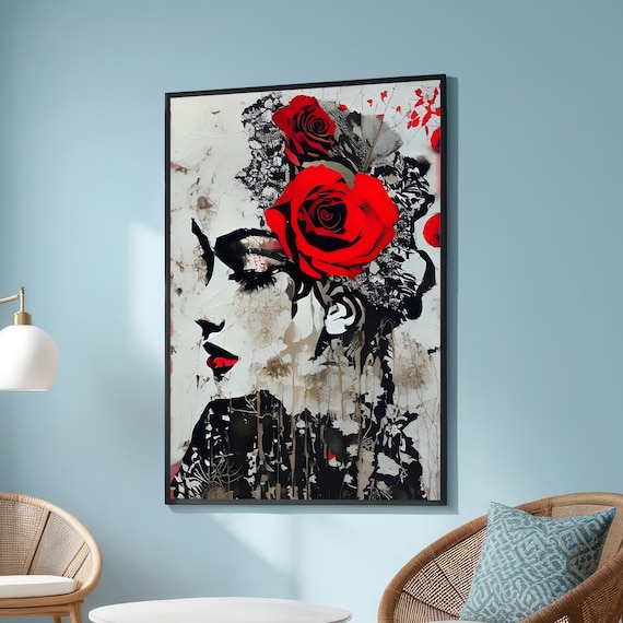 Abstract Female Portrait With Red Roses Expressionist Art Poster