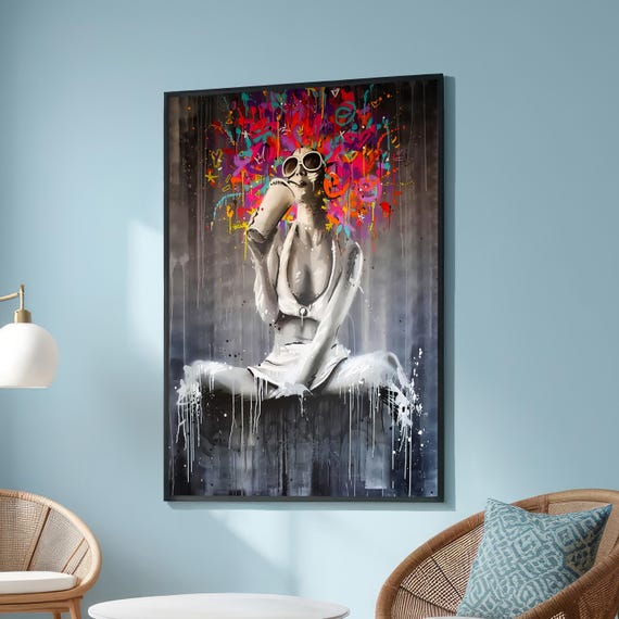 Graffitiinspired Woman In Grayscale With Colorful Energy Burst Urban Street Art Canvas Vibrant Abstract Modern Wall Decor