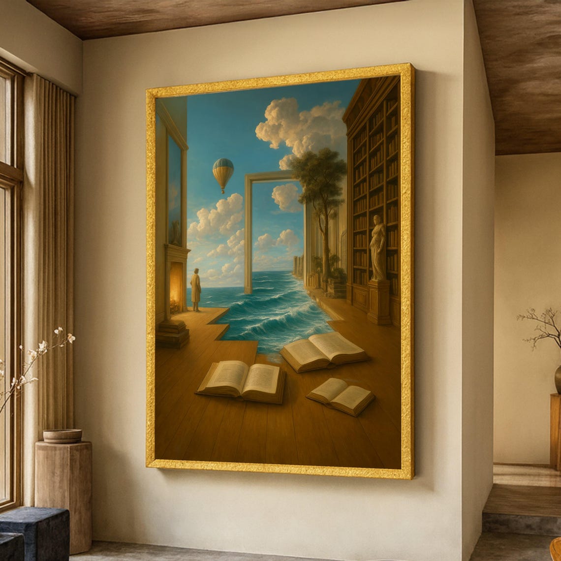 Surreal Library Ocean View Art Print